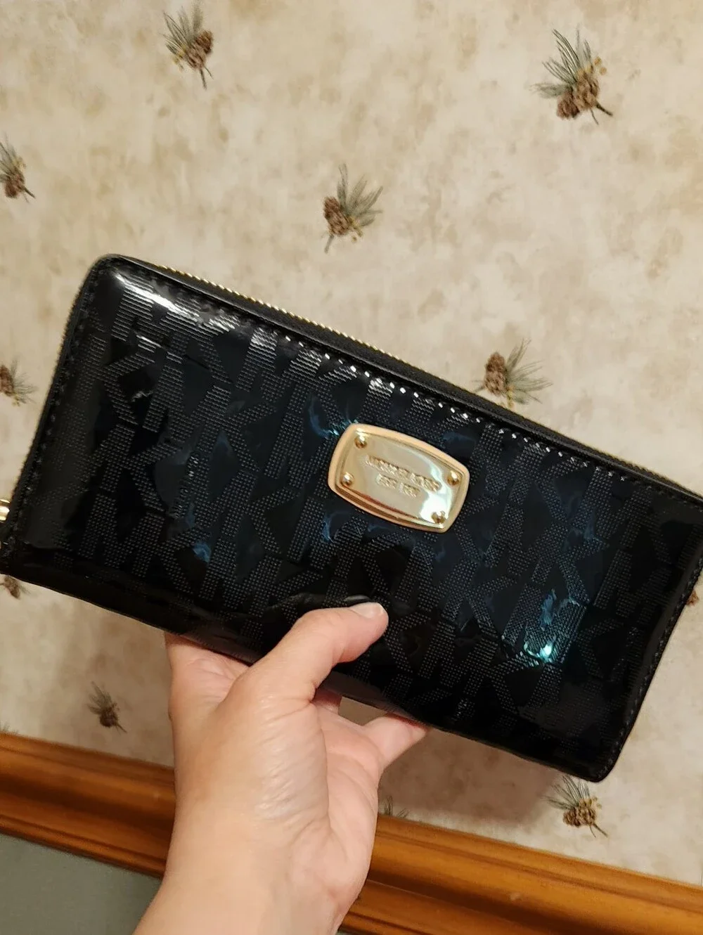 Michael Kors Black Large Patent Logo Zip Wallet with Gold Plaque